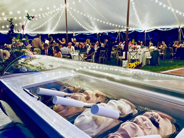 The Pugnuts traveling gelato case set up to serve at a wedding.