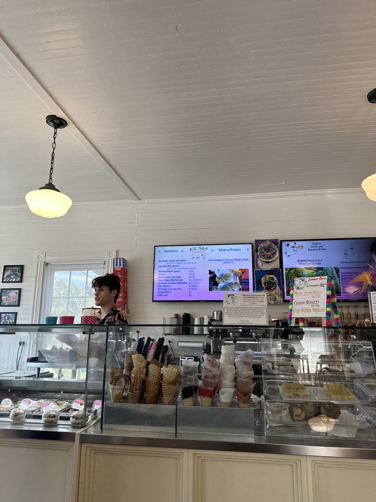 Inside the shop: the dipping case and pastry counter, stacked waffle cones, the menu boards and framed pug paintings on the wall.