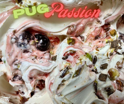 Pug Passion gelato, a swirl of cream with cherry, pistachio and dark chocolate.